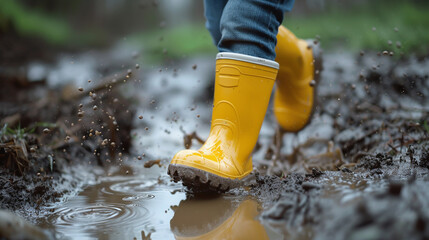 Child in boots running through the mud. 