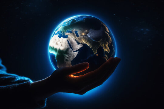 Hand holding and protect earth planet glowing. Earth day. Save earth and environment concept. 