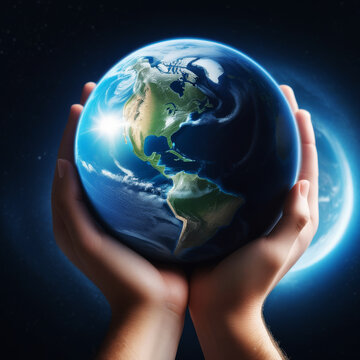 Hand holding and protect earth planet glowing. Earth day. Save earth and environment concept. 
