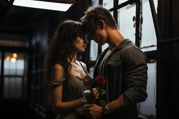 a man and a woman are looking at each other and the woman is holding a rose