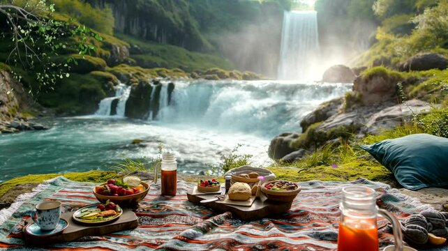 Foods and drinks on rug with waterfall in the mountains. Seamless looping time-lapse 4k video animation background