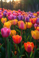 Field of Pink and Yellow Tulips With Sun Background