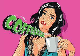 Beautiful Woman Drinking coffee . Pop art style.