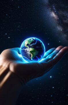 Hand holding and protect earth planet glowing. Earth day. Save earth and environment concept. 