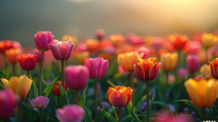Field of Red and Pink Tulips With Sun