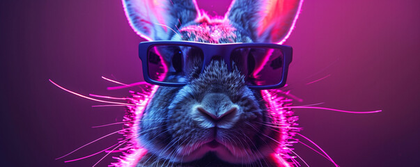 Rabbit with Sunglasses in Pink Neon Light
