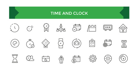 Set of Time and Clock Line Icons. UI icon set. Time, date, and location line icon set with editable stroke. Vector illustration.