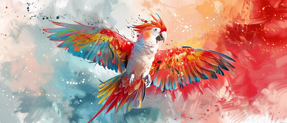 Scarlet Macaw in Flight with Abstract Art Backdrop