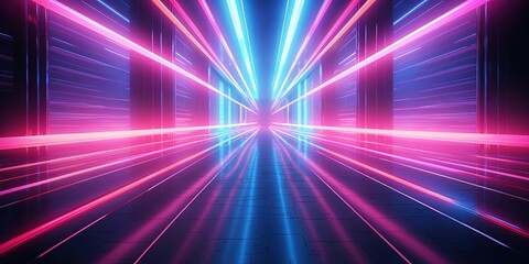 Obraz premium High-tech corridor with dynamic pink and blue neon lights, evoking a sense of motion