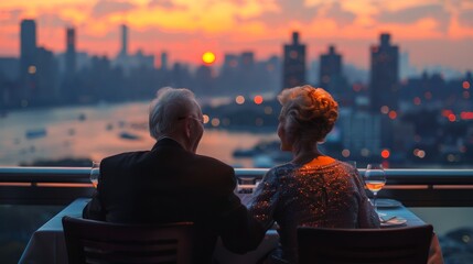 Two People Sitting at a Table With a City View