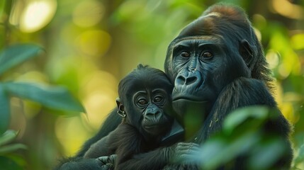 Fototapeta na wymiar Mother Gorilla and Baby in Jungle
