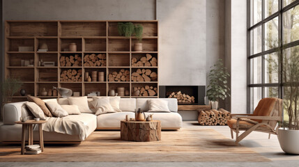 A modern living room with a rustic touch of natural materials like wood and jute - obrazy, fototapety, plakaty