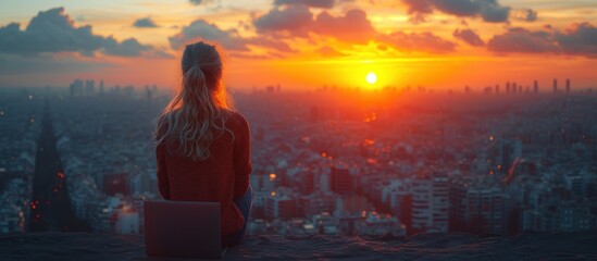 laptop at dawn above the city- Barcelona- Spain