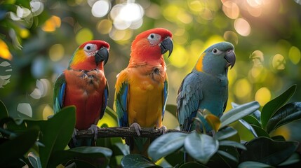 Three Colorful Birds Perched on a Tree Branch