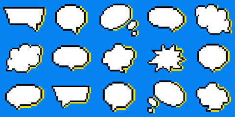 Pixel speech bubbles. Vector 8-bit retro style illustration. Set of stickers.