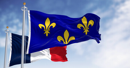 Flag of Ile de France waving with national french flag