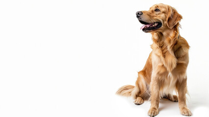 Admiring Golden Retriever gazes above while sitting elegantly against a white background showcasing purity and obedience