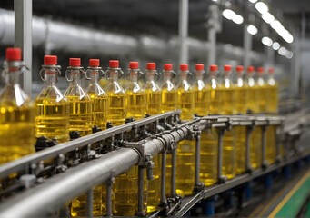 Close up view of industrial vegetable oil production and bottles filled with sunflower oil being transporter on automated conveyor machine.