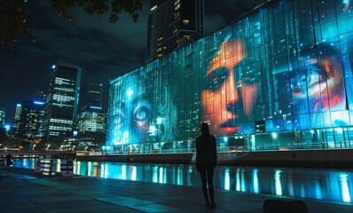 A person stands observing a large building facade lit with a vibrant, blue-toned image at night in a modern cityscape.