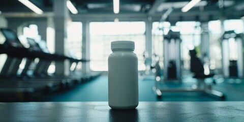 The stark white bottle of nutritional supplements placed the center of the modern gym scene, with gym machines softly blurred in the background. - obrazy, fototapety, plakaty