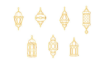 Fototapeta na wymiar Ramadan golden lanterns symbols. Islamic celebration line icons. Traditional eastern lamps isolated on white. Muslim holidays decoration. Vector.