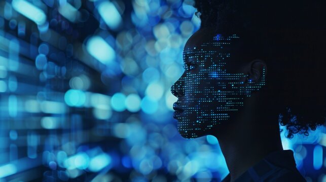 African American woman with digital face art against blurred lights. Woman profile in digital enhancement backdrop. Futuristic digital technology concept with female portrait