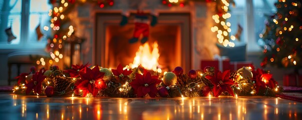 Fototapeta na wymiar Magical Christmas fireplace Creating a whimsical atmosphere with a diverse family gathered around a Christmas fireplace adorned with lights and decorations. Concept Family Gathering