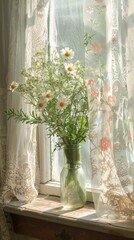 Soft morning light gently illuminates a modest arrangement of daisies and chamomile, set against the backdrop of a window draped with ornate lace curtains