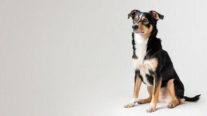 An attentive black and tan dog sits elegantly against a plain backdrop, creating a striking portrait