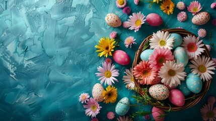 Easter celebration with painted eggs and spring flowers on blue background. Easter eggs nestled among colorful daisies for holiday celebration. Handcrafted Easter egg basket with floral arrangement - Powered by Adobe