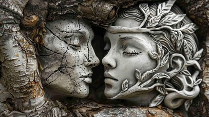 A captivating sculpture of two faces emerging from tree bark, blending nature and art in monochrome tones.