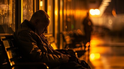 Fototapeta premium An elderly man rests on a station bench at night, enveloped in the golden light of the setting. Elderly man resting at train station at night. Senior traveler waiting on bench in evening.