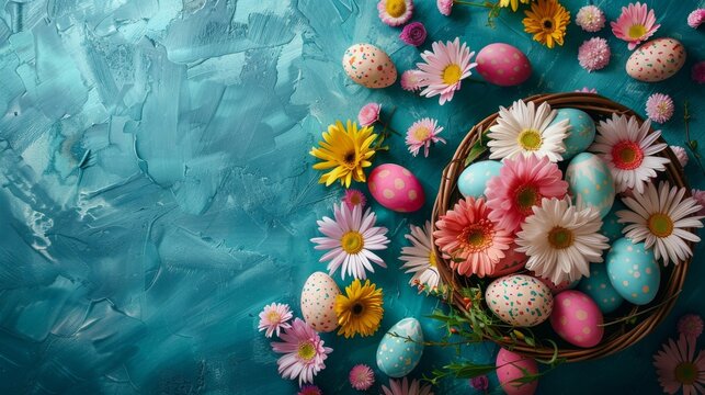 Easter celebration with painted eggs and spring flowers on blue background. Easter eggs nestled among colorful daisies for holiday celebration. Handcrafted Easter egg basket with floral arrangement