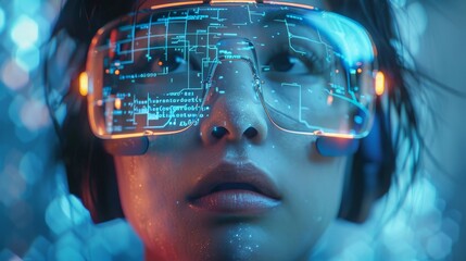 Extreme close-up of a woman's face wearing augmented reality glasses, displaying a complex digital interface with glowing blue lights. - obrazy, fototapety, plakaty