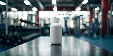 White nutritional supplement bottle placed centrally in a modern fitness center, emphasizing the importance of health aids in workout routines. Gym workout supplement close-up.