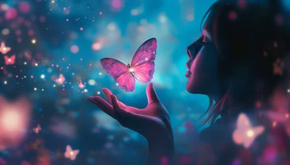 A woman releasing a pink butterfly into the sky, symbolizing transformation, resilience and the journey towards healing. Blue bokeh background with free space. © Kyrtap_Studio