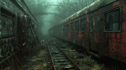 Fototapeta na wymiar An eerie scene of a long-forgotten train covered in rust and graffiti, standing silent in a misty, overgrown forest.