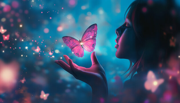 A woman releasing a pink butterfly into the sky, symbolizing transformation, resilience and the journey towards healing. Blue bokeh background with free space.