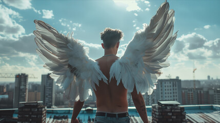 Caucasian male angel with white wings in the city.