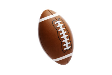 American football ball on a white background. American sports concept, grand final, strength, victory. Advertising poster, design, copy space, 3D render,