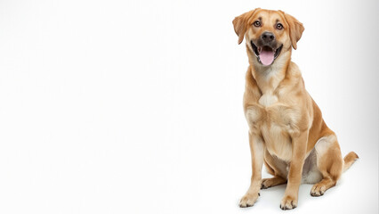 A well-trained Golden Retriever sits obediently on a white seamless background, showcasing its calm demeanor
