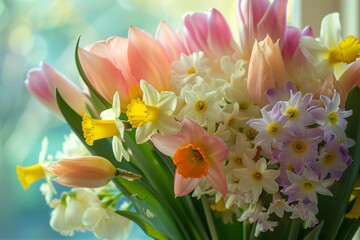 Spring bloom, vibrant tulips and daffodils bouquet. Fresh spring flowers, colorful tulips and daffodils arrangement with soft background.