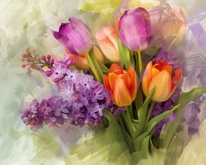 A stunning bouquet of tulips and lilacs blends into a textured background. Spring bouquet of mixed flowers on painted background. Vibrant tulips and lilacs arrangement in artistic style.