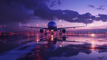 Airliner ready for departure on reflective wet runway. Twilight skies over airport create a tranquil flight scene. Aircraft poised for night travel under violet clouds. - obrazy, fototapety, plakaty
