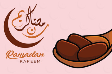 Ramadan Kareem Dates in Spoon with Ramadan calligraphy vector background illustration. Islamic holiday icon concept. Ramadan Kareem vector design. Ramadan Kareem islamic design greetings card.
