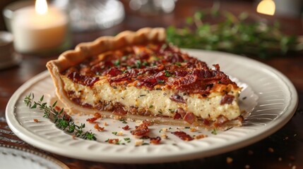 Quiche on Plate With Candle in Background - 750835391