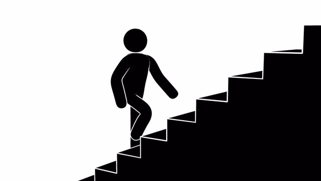 A pictogram man is ascending a staircase in an animated icon. Looped animation with alpha channel.