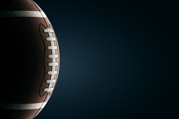 american football ball against dark background. American sports concept, grand final, strength, victory. Advertising poster, design, copy space, 3D render,
