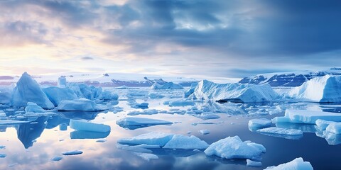 Fototapeta na wymiar Ice sheets melting in the arctic ocean or waters. Global warming, climate change, greenhouse gas, ecology concept.