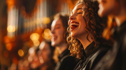 A church choir joyfully performs, their faces alight with passion and harmony - obrazy, fototapety, plakaty